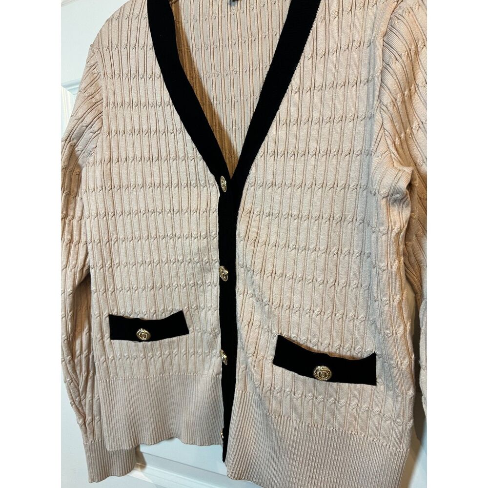 Adrianna Papell Lady Cardigan Cream Black Gold Button Sweater L - Picture 4 of 6